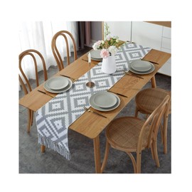 KnBoB Cotton Linen Beige Grey Geometric Puzzle Pattern with Tassels Table Runner Modern Living Room Size 32 x 180 cm