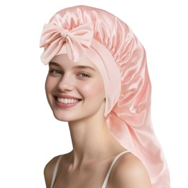 Flomiara Long Satin Bonnet, Large Silk Adjustable Sleeping Home Cap Skin Care, Cleaning, Makeup for Women Girls, Elastic & Soft Easy to Use Silk Sleep Braid Caps for All Hair Types, Rose Pink