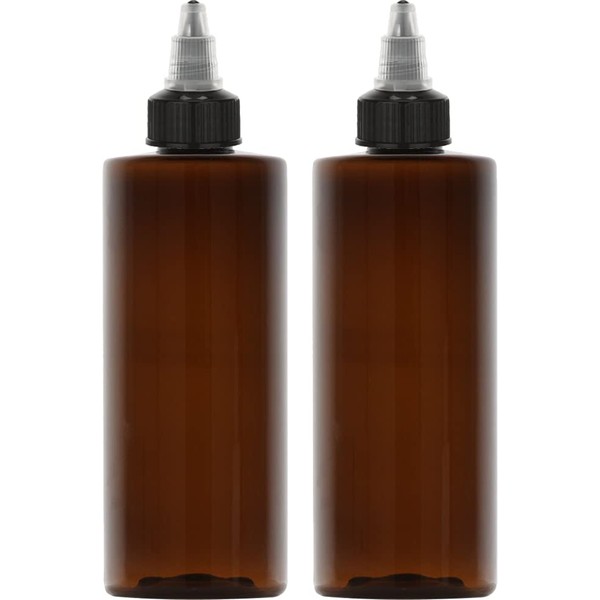 BRIGHTFROM Twist Top Applicator Bottles, 8 OZ Cylinder Empty Squeeze Bottles, Black Nozzle, BPA-Free Plastic, PET, Refillable, Open/Close Nozzle - Multi Purpose (Amber) 2 PACK