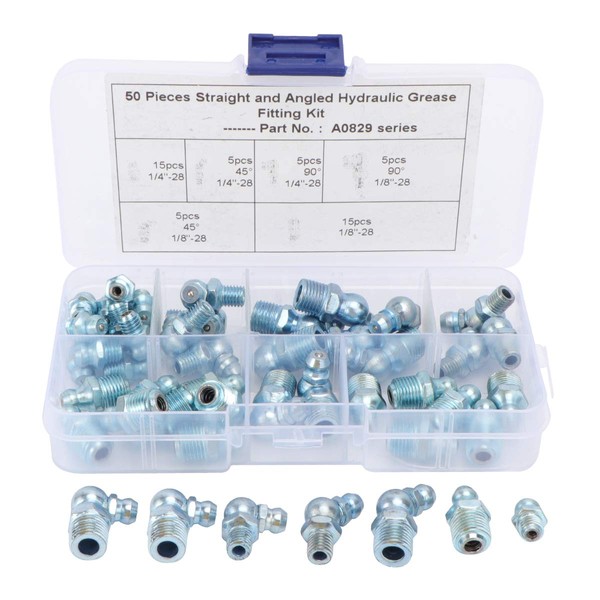 UKCOCO 50 in 1 Hydraulic Grease Fitting Kit Replacement Grease Nipple Fitting Assortment Set Silver