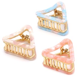 Cobahom 3 mini pinzas para el pelo para mujer, pinzas de acetato, 3 colores, juego de 3 colores, pinzas de pelo triangulares huecas para mujeres y niñas (beige + rosa + azul) 1.7 pulgadas