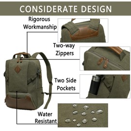Kasqo Laptop Backpack 15.6 Inch Canvas Waterproof Anti Theft Business Travel College School Computer Bookbag Carry on Bag with USB Charging Port for Women Men, Army Green