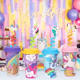 FZR Legend Unicorn Party Favors Goodie Cups, 24 Pack Birthday Party Cups in 4 Colors, 16OZ Reusable Rainbow Plastic Party Supplies Decorations Cups with Lids Plugs for Girls Kids Boys