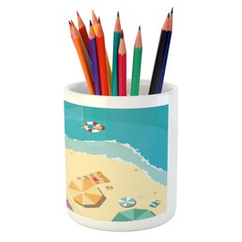 Lunarable Beach Pencil Pen Holder, Boy Sunbathing in the Sea Exotic Summer Holiday Cartoon Style Beach with Umbrellas, Printed Ceramic Pencil Pen Holder for Desk Office Accessory, Multicolor