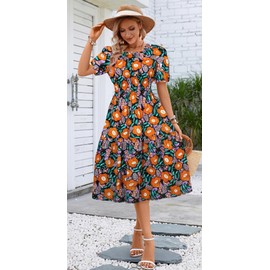 Kormei Women Summer Casual Boho Floral Round Neck Short Sleeve Smocked Waist Tiered Flowy Swing Midi Dress S Purple/Orange