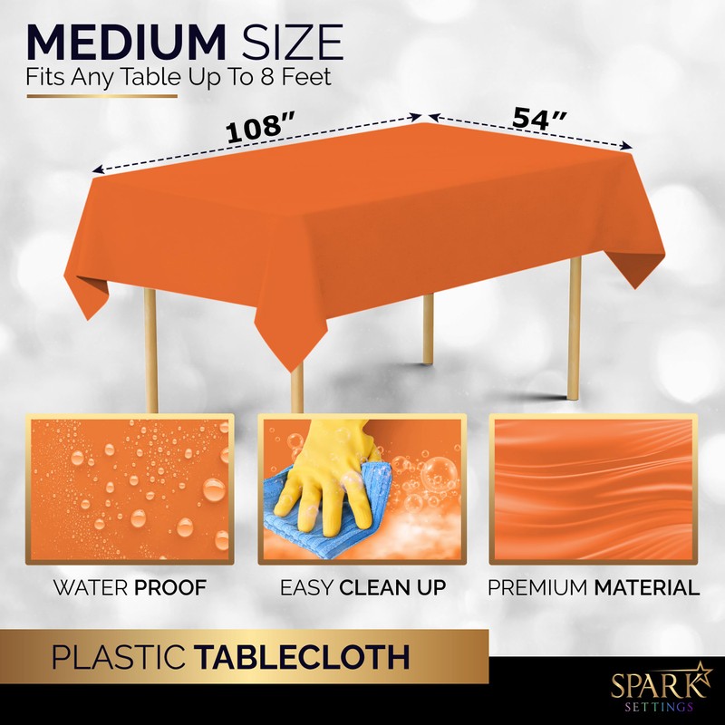 Amcrate Rectangular Plastic Orange Reusable Tablecloth Cover - Ideal for