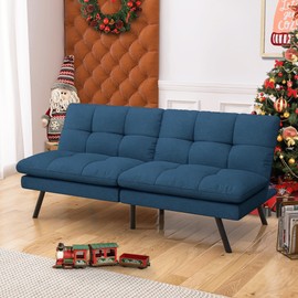 Cozysnooze Detachable Futon Sofa Bed,Convertible Futon Couch with Adjustable Backrest,Linen Fabric Memory Foam Folding Futon Loveseat Sleeper Sofa for Living Room,RV,Office,Apartment,Pure Blue