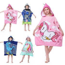 MOKANI Kids Hooded Poncho Towels, Beach Changing Robe Bath Towel Poncho for Swimming Pool, Microfiber Soft and Large Bathrobe for Girls Boys Children 6-14 Years Old - Pink Unicorn