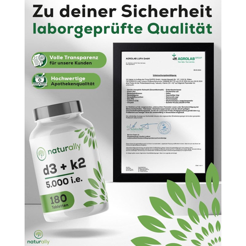 Natural Vitamin D3 K2 Tablets High Dose - 5000 IU