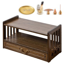 Altar Table with Drawer,Puja Table for Home,Perfect Used for Meditation, Prayers, Bamboo Furniture for Displaying Jars, Plants and Books (Walnut Color, 20.4x9.8x11 in, with Incense Burner 5Pcs Set)