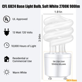 Winkcao CFL Light Bulbs GU24 Base, T3 Spiral 13Watt (60Watt Equ) Soft White 2700K 900lm Compact Fluorescent Light Bulbs, UL Approved, 120v 60Hz, Self Ballasted CFL Bulbs, Pack of 12