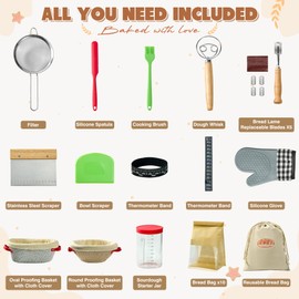 Sourdough Starter Kit, 33 Pcs Sourdough Bread Baking Supplies, 9 10 Inches Round&Oval Cotton Rope Banneton Bread Proofing Basket Set of 2, Beginner Friendly Bread Making Tools with Starter Jar