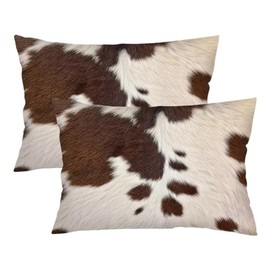 Cowhide Pattern Throw Pillow Cover Queen Size Set of 2 Western Brown Cow Print Lumbar Pillow Case Decorative Standard Pillow Cases with Hidden Zipper Soft Bed Cushion Covers for Bedroom,Sofa,20"x30"