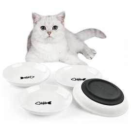 BNOSDM 4 Pcs Cat Food Bowls with Non-Slip Silicone Bottom Shallow Ceramic Cat Bowl, Whisker Fatigue Pet Dry/Wet Food Dishes Set for Indoor Kittens Kitty (Black)
