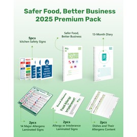 Theory Test Authority Safer Food Better Business, 13-Month Diary Food Hygiene Record Book, Food Safety Book Kit including Food Allergy and Kitchen Safety Signs for Caterers Restaurants and Takeaways