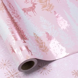 RUSPEPA Reversible Christmas Wrapping Paper Roll, Mini Roll, Rose Gold Foil Pink Reindeer and Tree Design, Pink Snowflake Gift Wrap for Girls, Women, Friends, Xmas Holiday Gifts, 17 Inches x 32.8 Feet