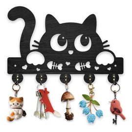 MAYJOYDIY Wooden Pretty Cat Key Hook Wall Mounted 30 x 20 cm Animal Motif Key Holder Black Key Holder with 5 Alloy Hooks for Entrance Area Front Door Car Key Organiser