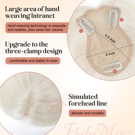 Flufymooz 100% Real Human Hair Toppers for Women, 10 Inch Clip in Human Hair Topper for Thinning Hair, 360°3D Cover Clip in Bangs Natural Hairpiece With 4.5'' x 3'' Silk Base-White Blonde