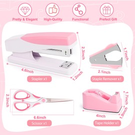Benjojo Pink Office Supplies, Pink Desk Accessories for Women, Cute Stapler and Tape Dispenser Set- Staple Remover, Clips, Staples, Scissor, Knife, Ruler, Tabs, Gift for Coworkers, Students