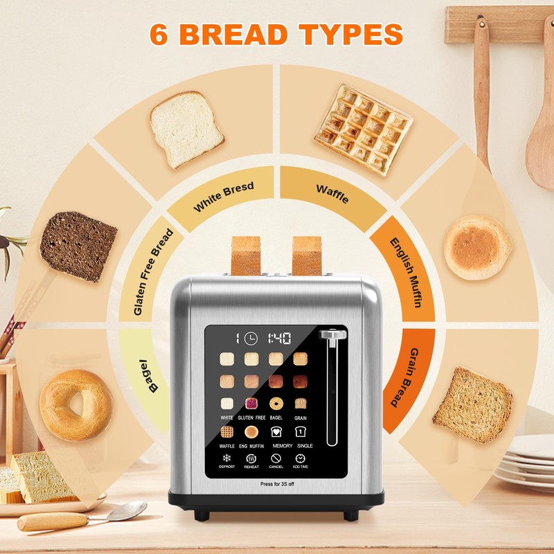 2 Slice Toaster Touch Screen, Stainless Steel Toasters Digital Timer