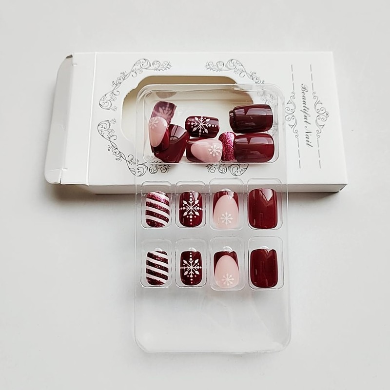24 Pcs Christmas Press on Nails Short Square French Fake