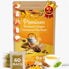 60 Bags Premium Turmeric Ginger Cinnamon Tea, Improve Digestion, Support Brain, Weight, Skin and Sleep, Eco-Conscious Tea Bags and Premium Natural Ingredients. Turmeric Ginger Herbal Tea. No Sugar, No Caffeine, No Gluten, Vegan.