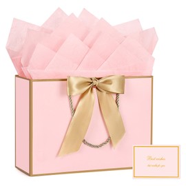 JMANNI Gift Bags, 1PCS Gift Bags Large with Ribbon and 1 Greeting Cards 2 Tissue Paper, Portable Paper Gift Bag with Handles, Birthday Gift Bags,Present Bags for Wedding Party Mothers Day. 12.6''X9.84''X4''(PinkGolden)
