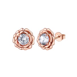 FOCALOOK Damen-Ohrringe Vermeil in Rosenform mit künstlichen Diamanten, Ohrstecker mit Geburtsstein April, Sterling Silber Roségold