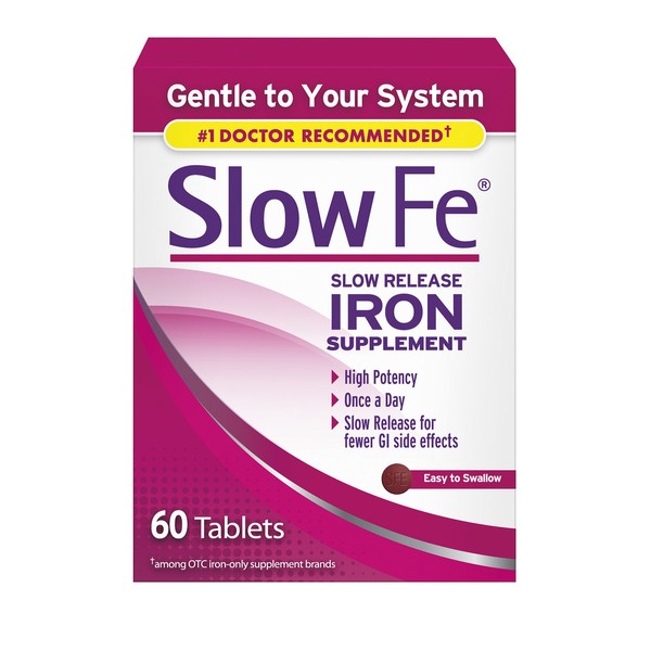 Slow Fe 45mg Iron Supplement for Iron Deficiency, Slow Release, High Potency, Easy to Swallow Tablets - 60 Count