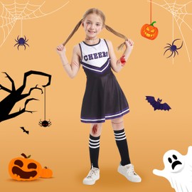 LOLANTA Girls Cheerleader Costume, School Musical Black Cheerleading Uniform Outfit with Pom Poms(8-9 Yrs,Black,Tag 140)