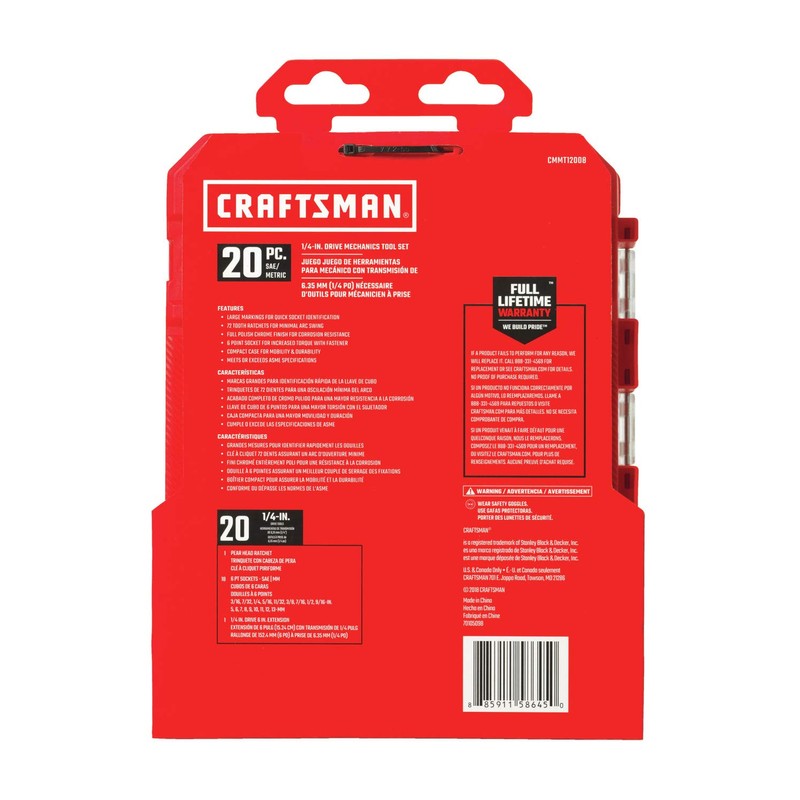 CRAFTSMAN Socket Set, SAE/Metric, 1/4" Drive, 20Piece (CMMT12008)