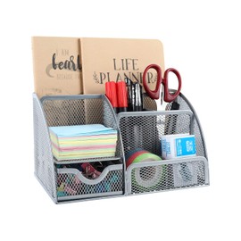 EasyPAG Office Mesh Desk Tidy Versatile Stationery Storage Desktop Organiser Pen Holder with Drawer,Silver