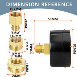 Innfeeltech 1-Pcs 50 mm Well Pump Pressure Gauge BSP 1/4 Inch 0-21 Bar 0 ~ 300 Psi with 2 Pieces Socket 1/4 Inch to 3/8 Inch, 1/4 Inch to 1/2 Inch and 1 Piece Hex Nipple Reducing 1/4 Inch to 1/8 Inch,