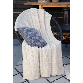 SAOL Knitwear Irish Blanket Made of Soft Wool Blend Ireland Braided Knit Throw (Natural)