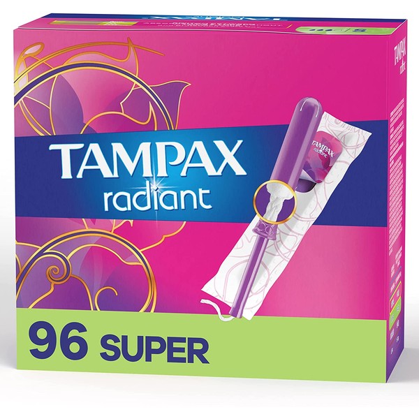 Tampax Radiant Tampons Super Absorbency, 96 Count, BPA Free Plastic Applicator and LeakGuard Braid, Unscented, White, 96 Count