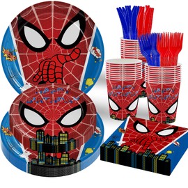 Spider Theme Birthday Party Decorations Kids Paper Plates Napkins Cup Red Blue Forks Boys Birthday Party Supplies Decorations Disposable Tableware Set Serve 20 Guests