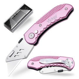 Vickay Box Cutter Utility Knife Heavy Duty with 5 SK5 Quick Change Blades, Safety Axis Lock Design Razor Knife, Lightweight Aluminum Body Belt Clip for Office (Pink)