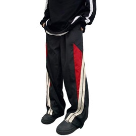 OYOANGLE Men's Colorblock Drawstring Waist Straight Wide Leg Baggy Pants with Pocket Black S