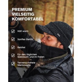 Comhats M/L/XL Men's Winter Set Merino Wool Hat with Peak and Ski Tube Scarf, Wool Hat with Peak and Fleece Neck Warmer, Set_Black