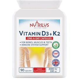 Nutrilus Vitamin D3 3000 IU and K2 MK-7 100mcg 90 Capsules - not Tablets - One Daily Supplement - Muscles - Bones - Teeth - Immune System