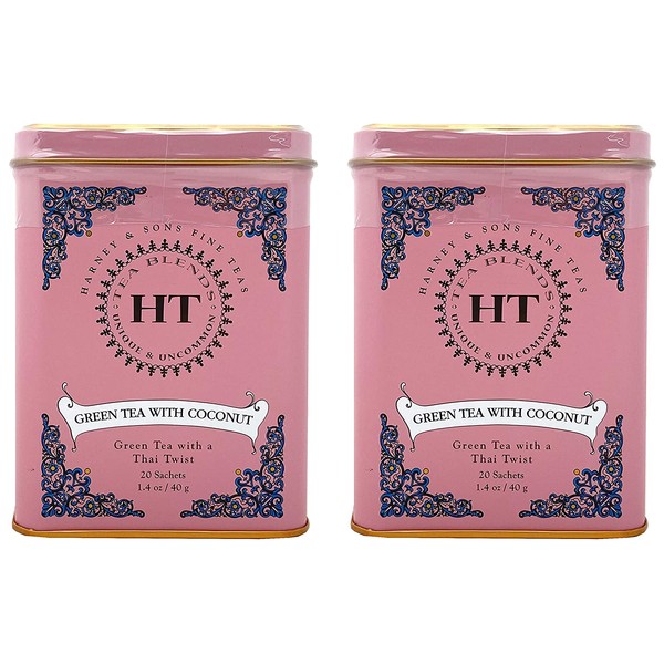Harney & Sons Green Tea with Coconut, Ginger, and Vanilla Tea Tin - Green Tea with a Thai Twist - 20 Sachets (Pack of 2)