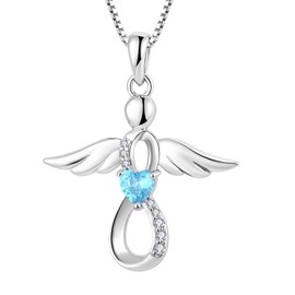 FJ Angel Necklace, Guardian Angel Pendant Necklace, 925 Sterling Silver, Heart Birthstone, Zirconia, Jewellery Gifts for Women/Girls