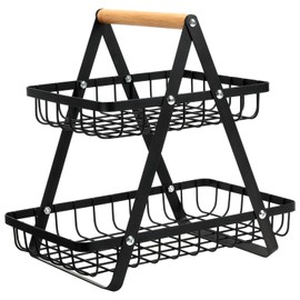 CHPHI 2 Tier Fruit Basket for Kitchen, Metal Fruit and Vegetable Storage Stand, Detachable Metal Rectangle Basket Storage, rust-Proof Fruit Holder for Vegetables, Bread, Toiletry, Black