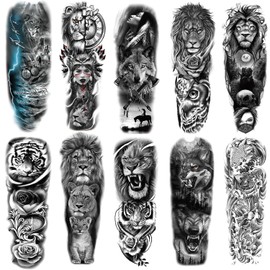 Tiger Lion sleeve Tattoos Fake Lion Tiger Half Arm Tattoos and Full Sleeve Tattoo Stickers for Women Men, 10-Sheet