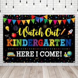 Welcome Back to School Banner,Look Out Kindergarten Here I Come Backdrop Happy First Day of Kindergarten Banner Photography Background for Classroom