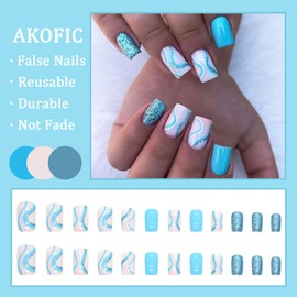 AKOFIC Pack of 24 Press on Nails Short, French Ballerina Acrylic Artificial Nails, Glue-On Nails with Jelly Nail Glue, Fake Nails for Women Girls (Sequins Blue Curling)