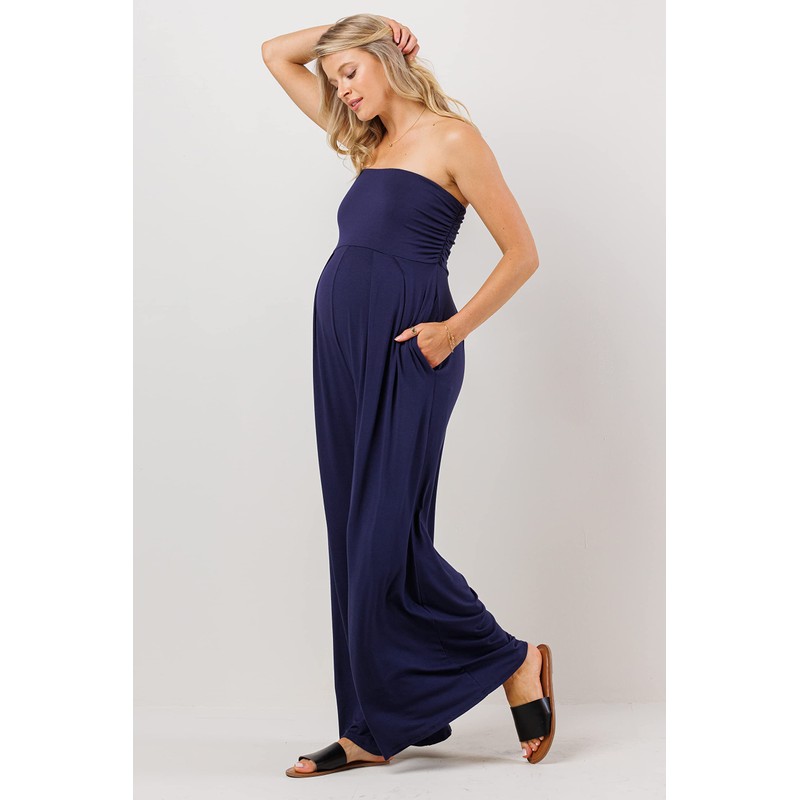 LaClef Womens Strapless Ruched Maternity Jumpsuit with Pockets, Medium, Navy