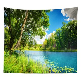 BELECO Nature Tapestry Wall Hanging Blue Lake Green Forest Trees Scenery Tapestry Art Wall Decor Outdoor Scenic Tapestry Wide Wall Hanging for Bedroom Aesthetic Living Room Dorm Decor 92x70 Inch