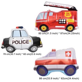BoningNEW 3PCS Rescue Vehicle Balloons Police Cars Fire Trucks Ambulances Mylar Foil Balloons for Kid Birthday Party Wedding Baby Shower Rescue Theme Party Home Decorations Supplies