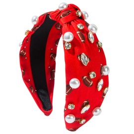 Palotay Football Headband Game Day Headband for Women Pearl Rhinestone Knotted Headbands Game Day Accessories for Sports Fun Red Blue White Football Hairbands Red Pattern